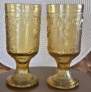 2 Vintage Brockway Glass American Concord Amber Water Glass Goblet Tumbler 8oz